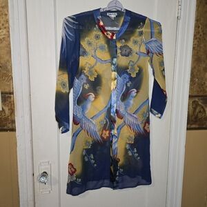 Winter Silk 100% Silk Floral Bird Print Shear Shirt Cover Size Small